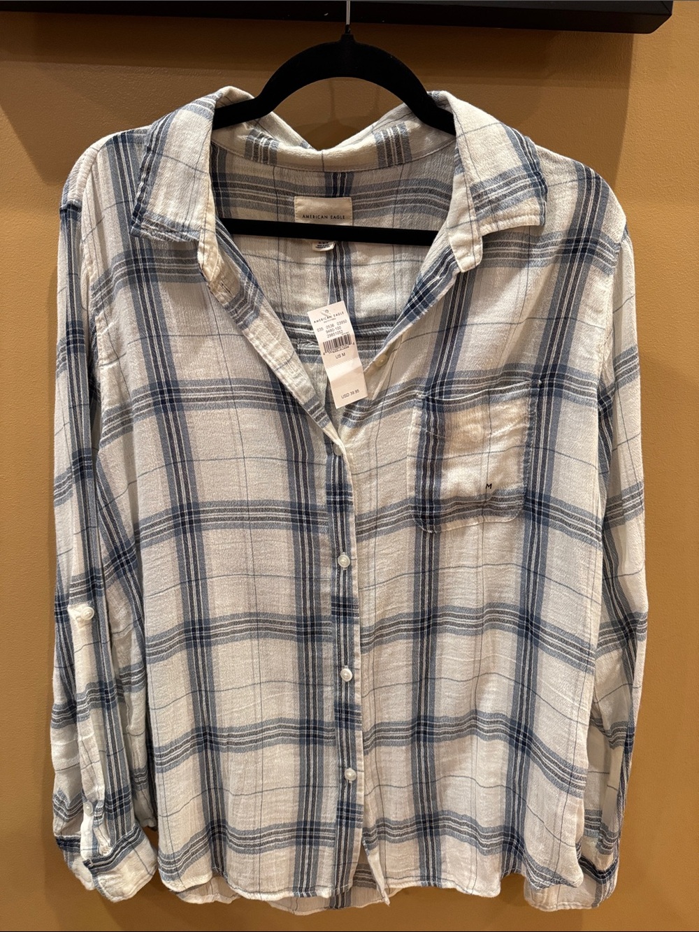 American Eagle Women’s White and Blue Plaid Button-Down Long Sleeve : M: NEW